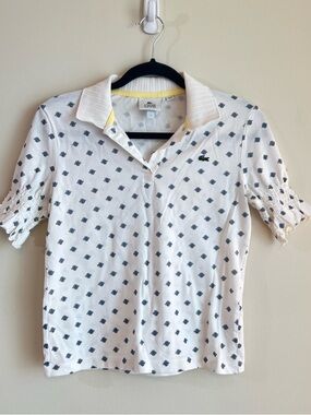 Lacoste White Polo with Navy Micro Print and Yellow Trim